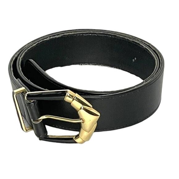 St. John Knits Classic Black Leather Statement Belt Gold & Black Buckle Size 8 main image 9